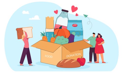 Tiny people standing near box of donation food for delivery. Volunteers giving healthy grocery goods to charity flat vector illustration. Social support, humanitarian help, community, sharing concept